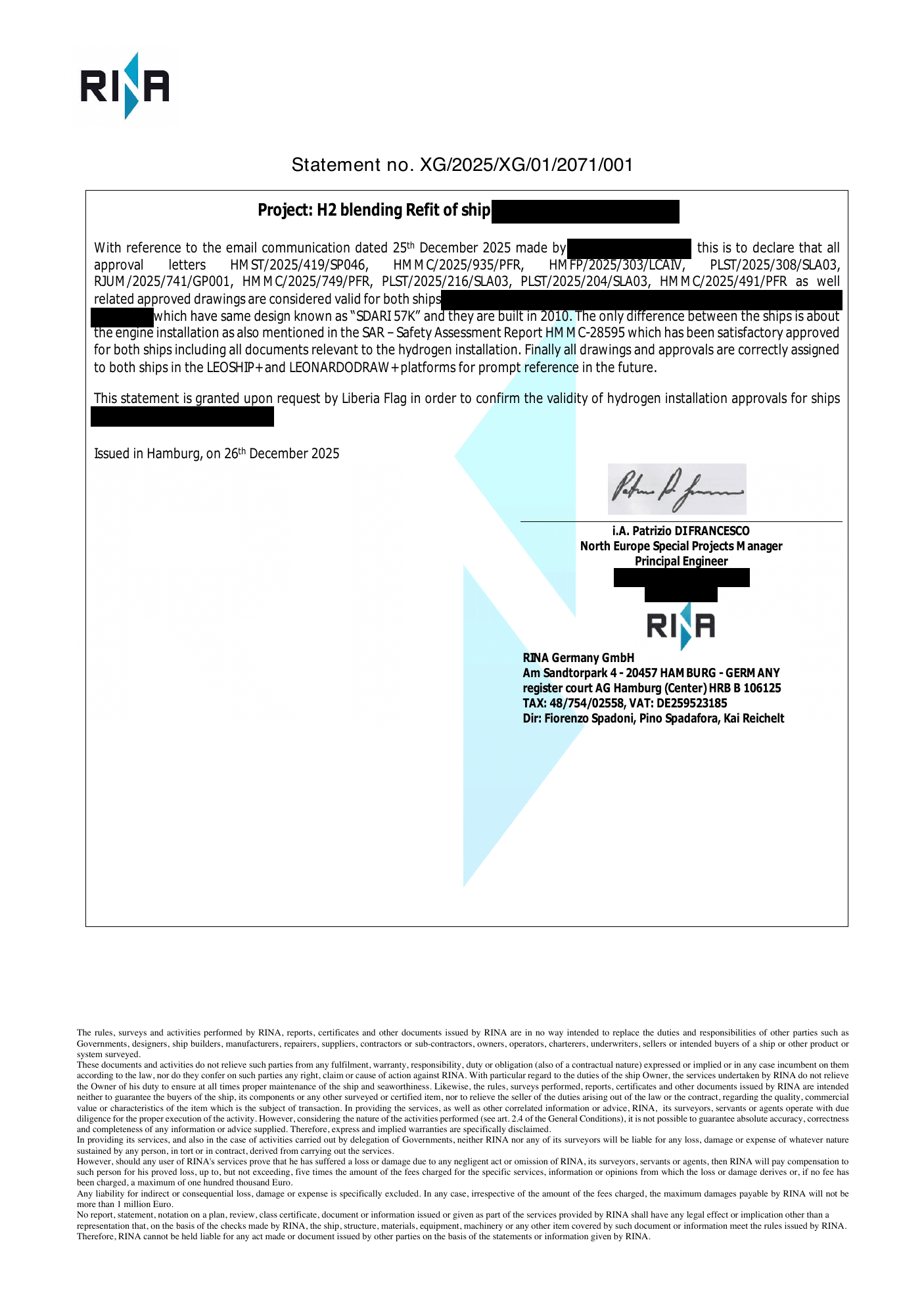 Preview of the redacted RINA vessel approval statement