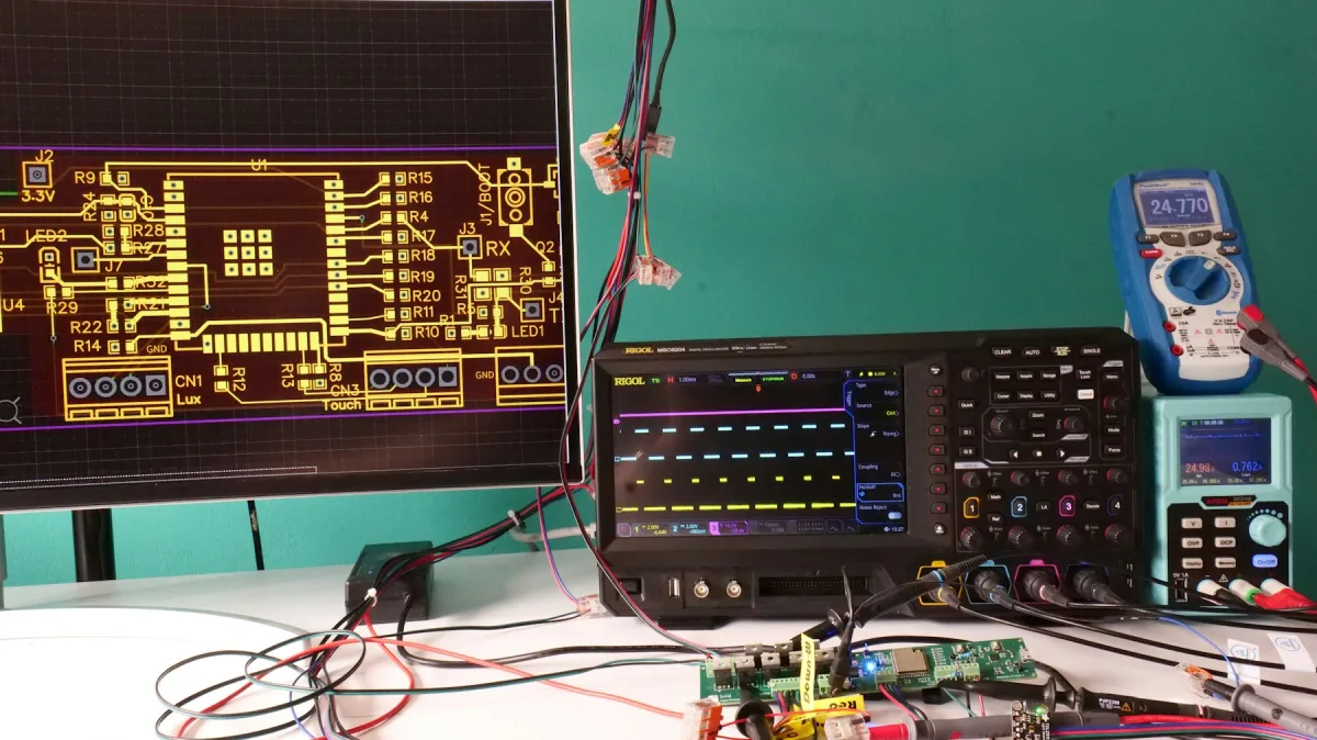 Embedded systems workbench with PCB design and oscilloscope traces