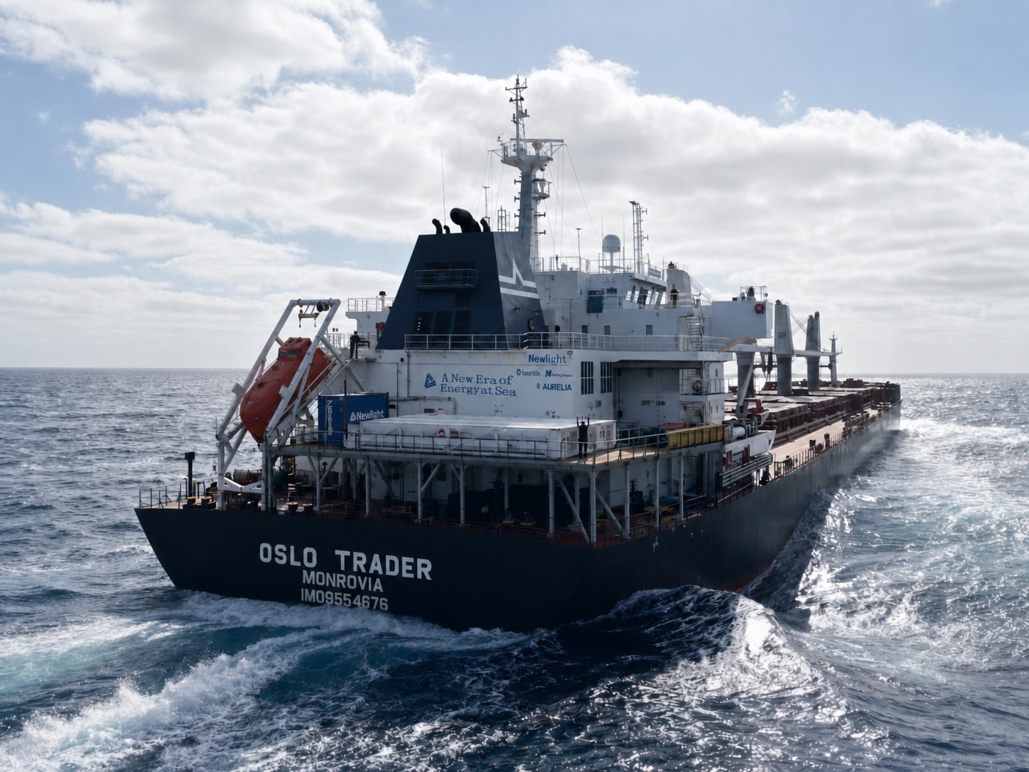 Commercial vessel with Newlight hydrogen-hybrid retrofit equipment on deck